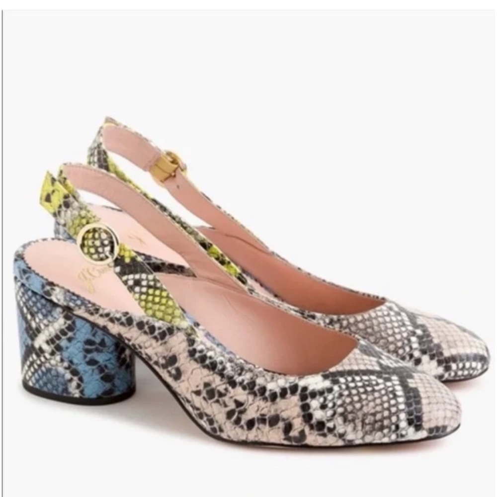 NWT J. Crew slingback pumps in colorblock snakeskin print leather